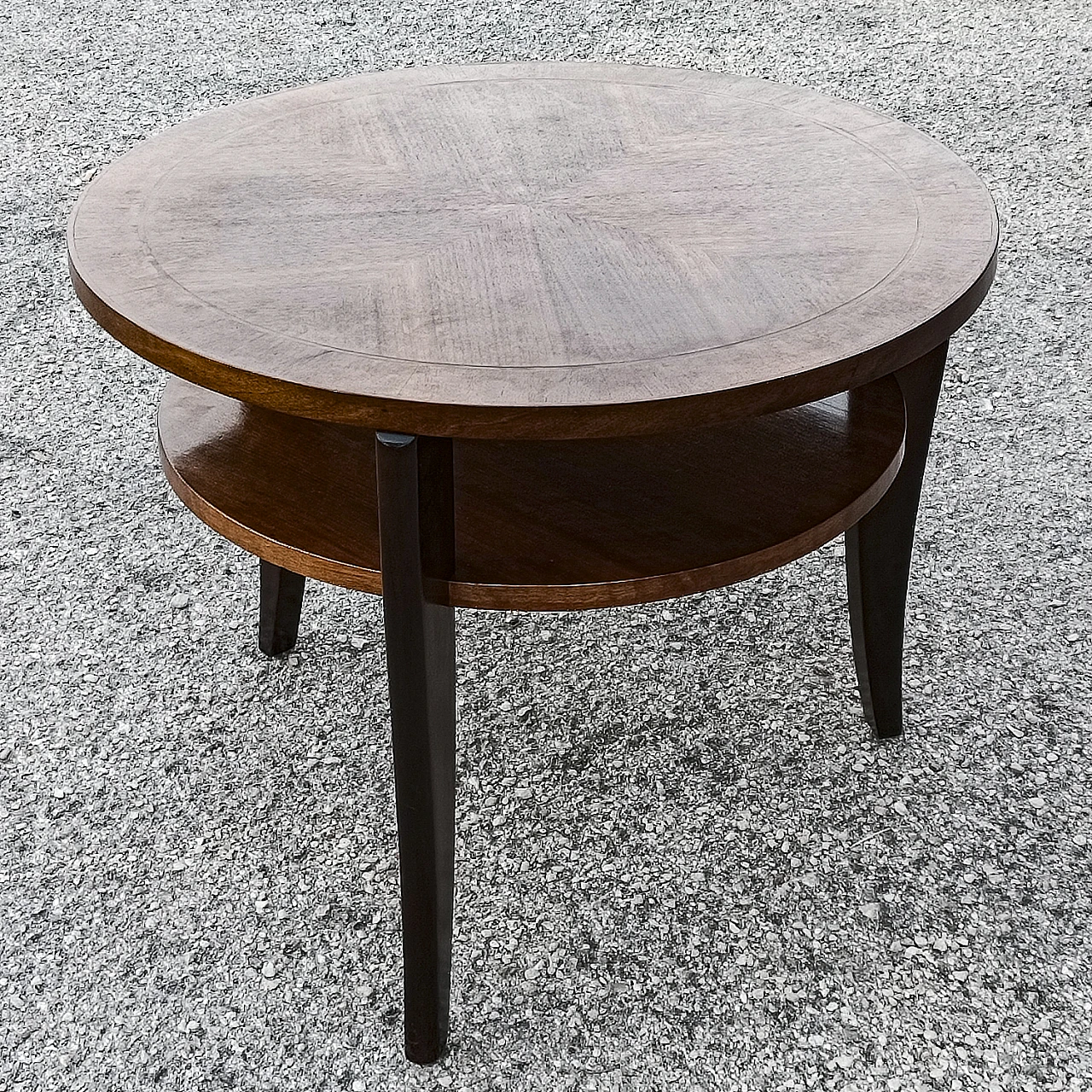 Tavolino rotondo in legno a due ripiani, anni '50 6