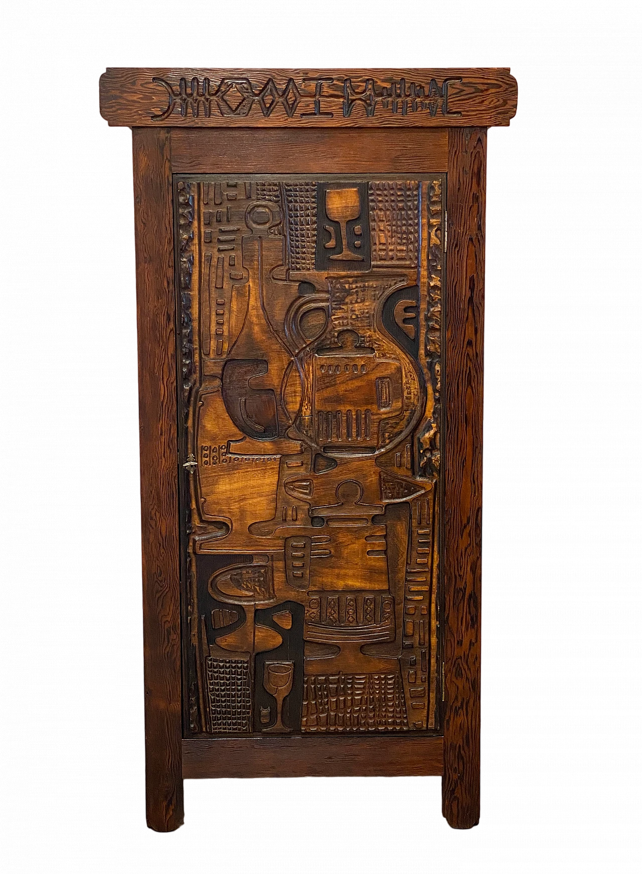 Pine wood bar cabinet carved in bas-relief by V. Cerrato, 1960s 25