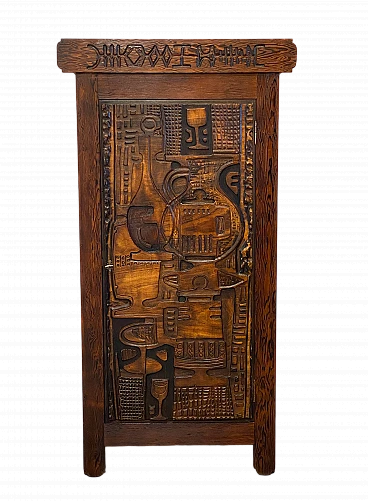 Pine wood bar cabinet carved in bas-relief by V. Cerrato, 1960s