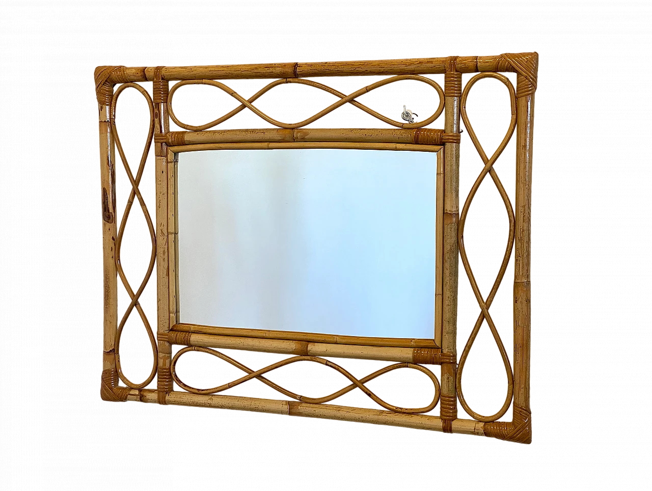Specchio rettangolare con cornice in bambù decorata, anni '70 8