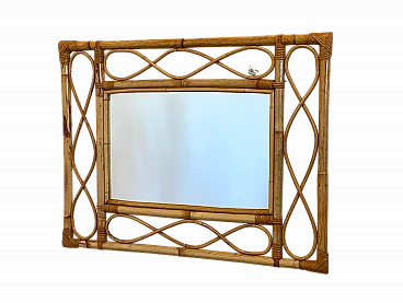 Specchio rettangolare con cornice in bambù decorata, anni '70
