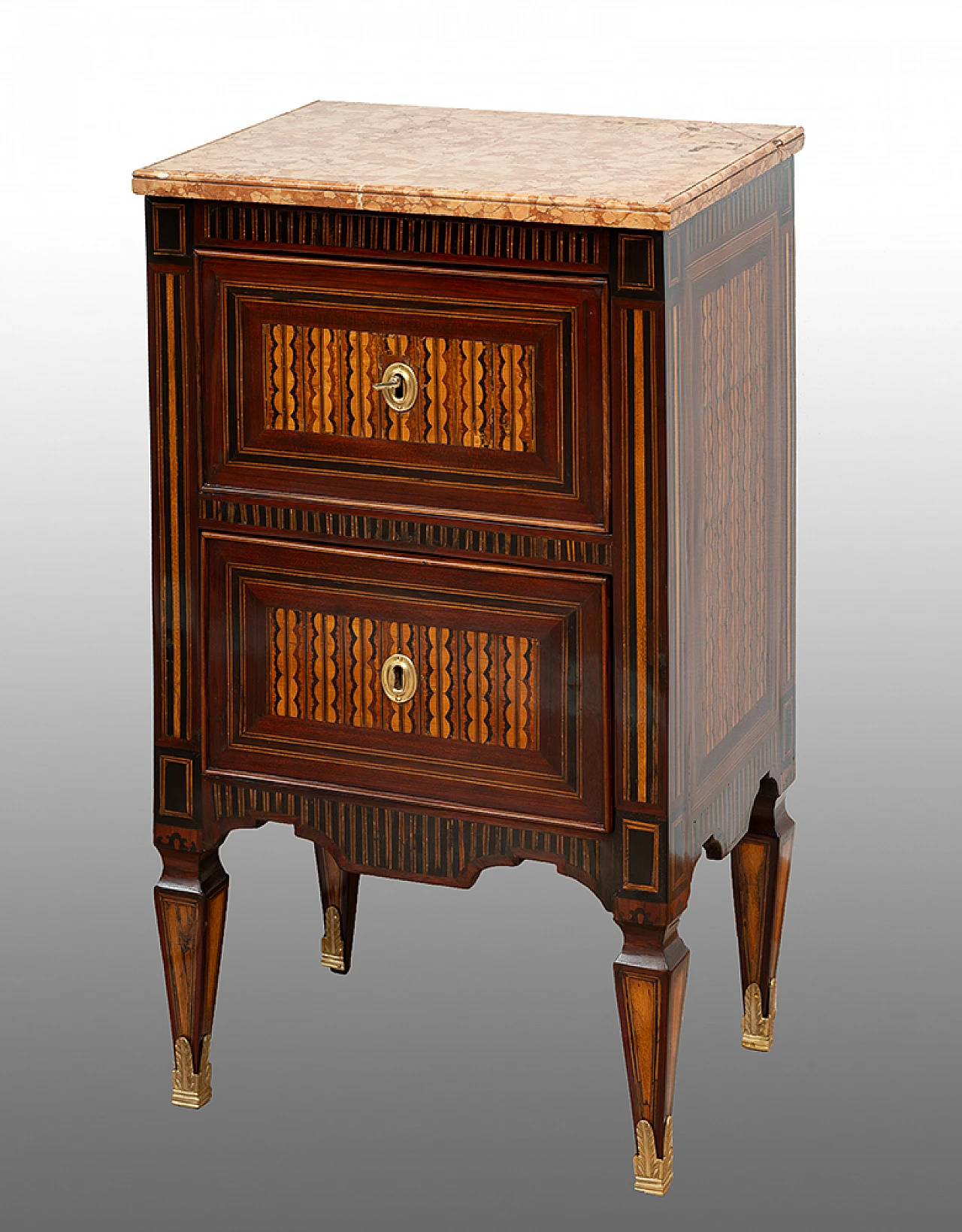 Louis XVI polychrome wood bedside table with marble top, 18th century 1