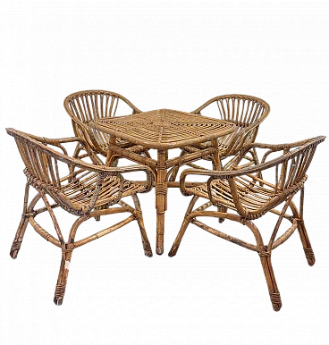 4 Garden armchairs and coffee table in rattan by V. Bonacina, 1960s