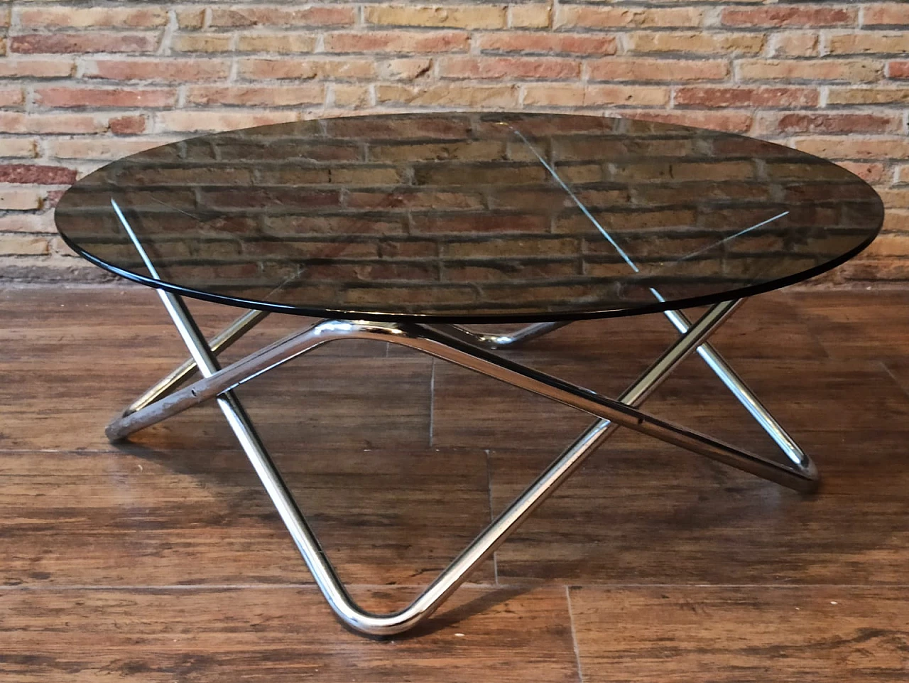 Chromed steel coffee table with black glass top, 1970s 1