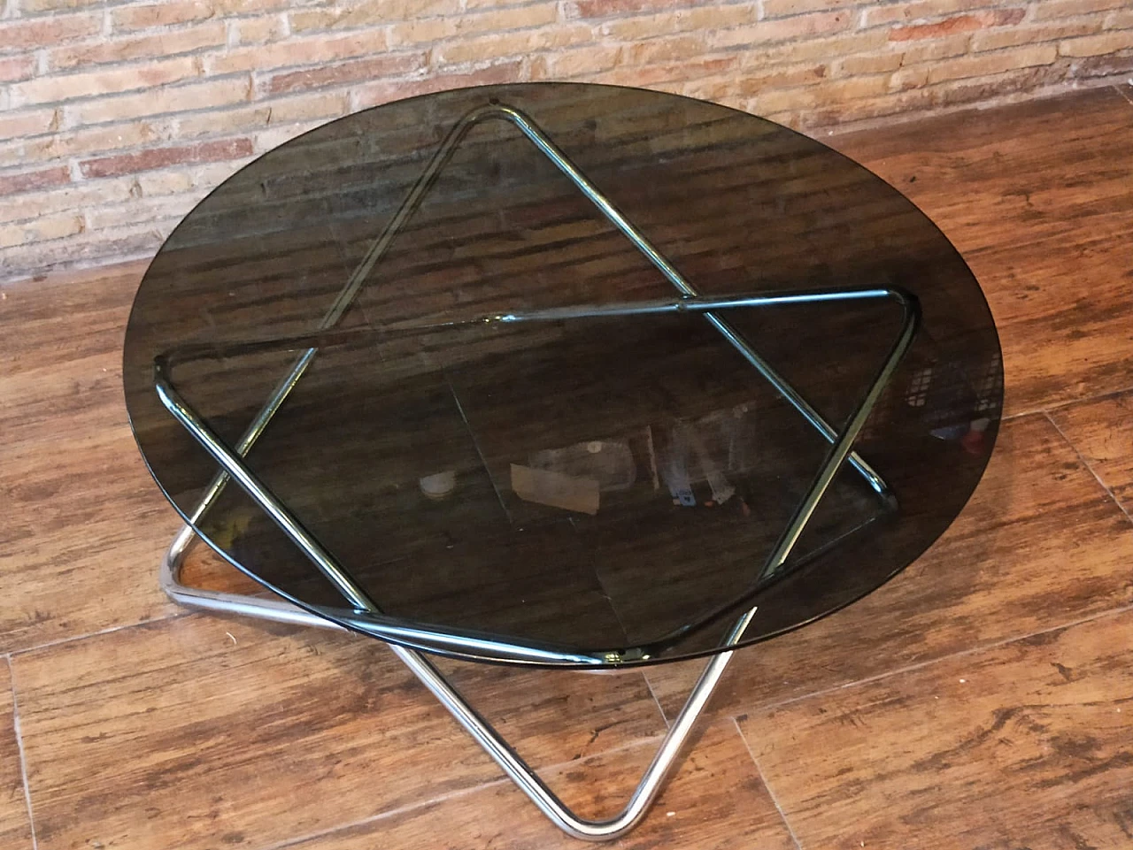 Chromed steel coffee table with black glass top, 1970s 2