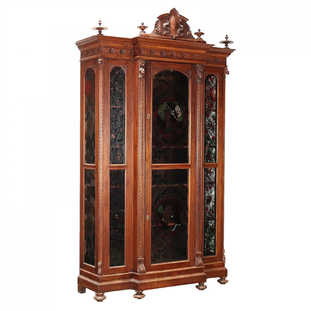 Carved walnut showcase with turned feet and back-painted glass 1