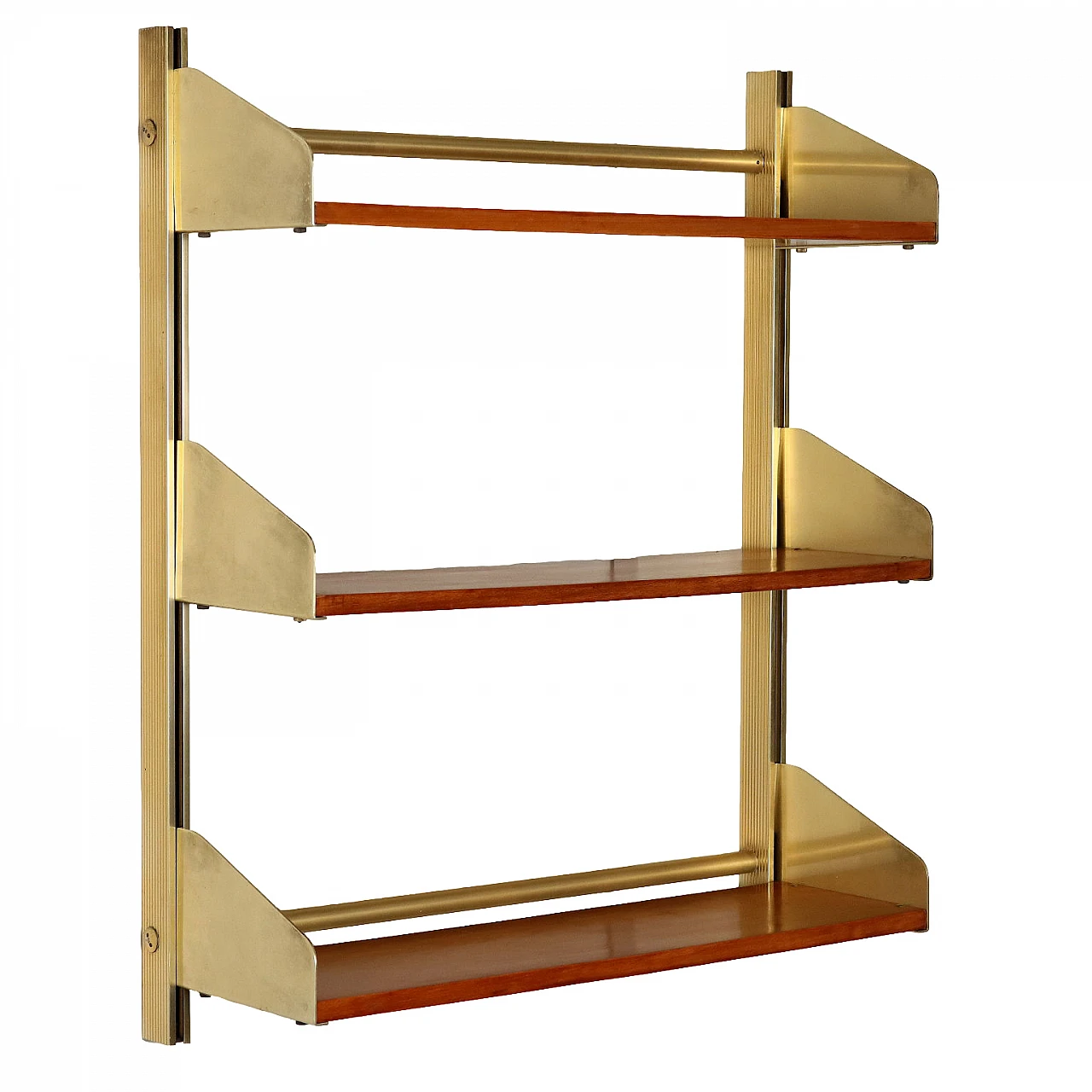 Mahogany veneered wood wall bookcase with brass-plated aluminium uprights by Feal, 1960s 1
