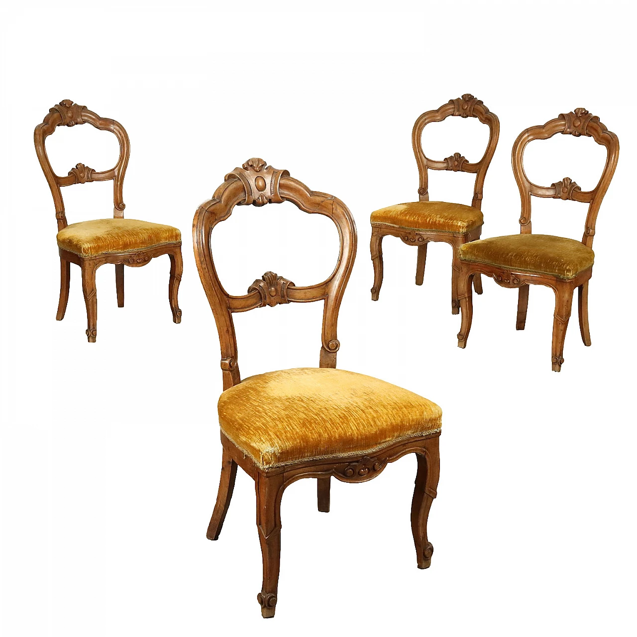 4 Carved walnut chairs with padded seat, 19th century 1