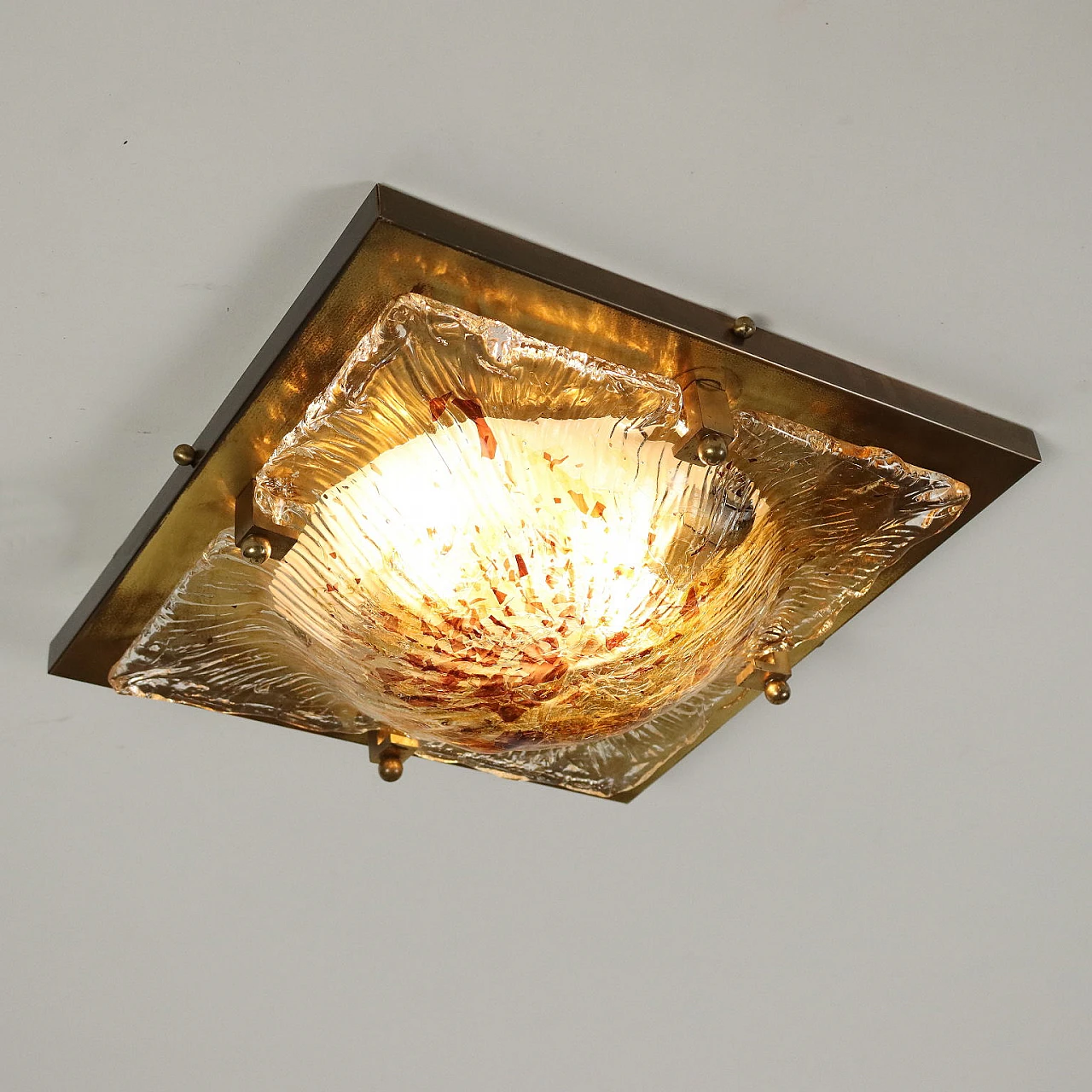 Lampada quadrata in ottone e vetro soffiato, anni '80 1