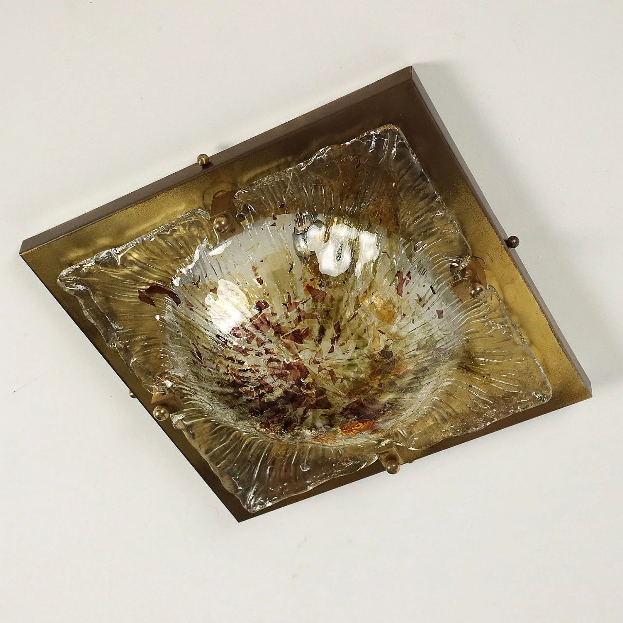 Lampada quadrata in ottone e vetro soffiato, anni '80 3