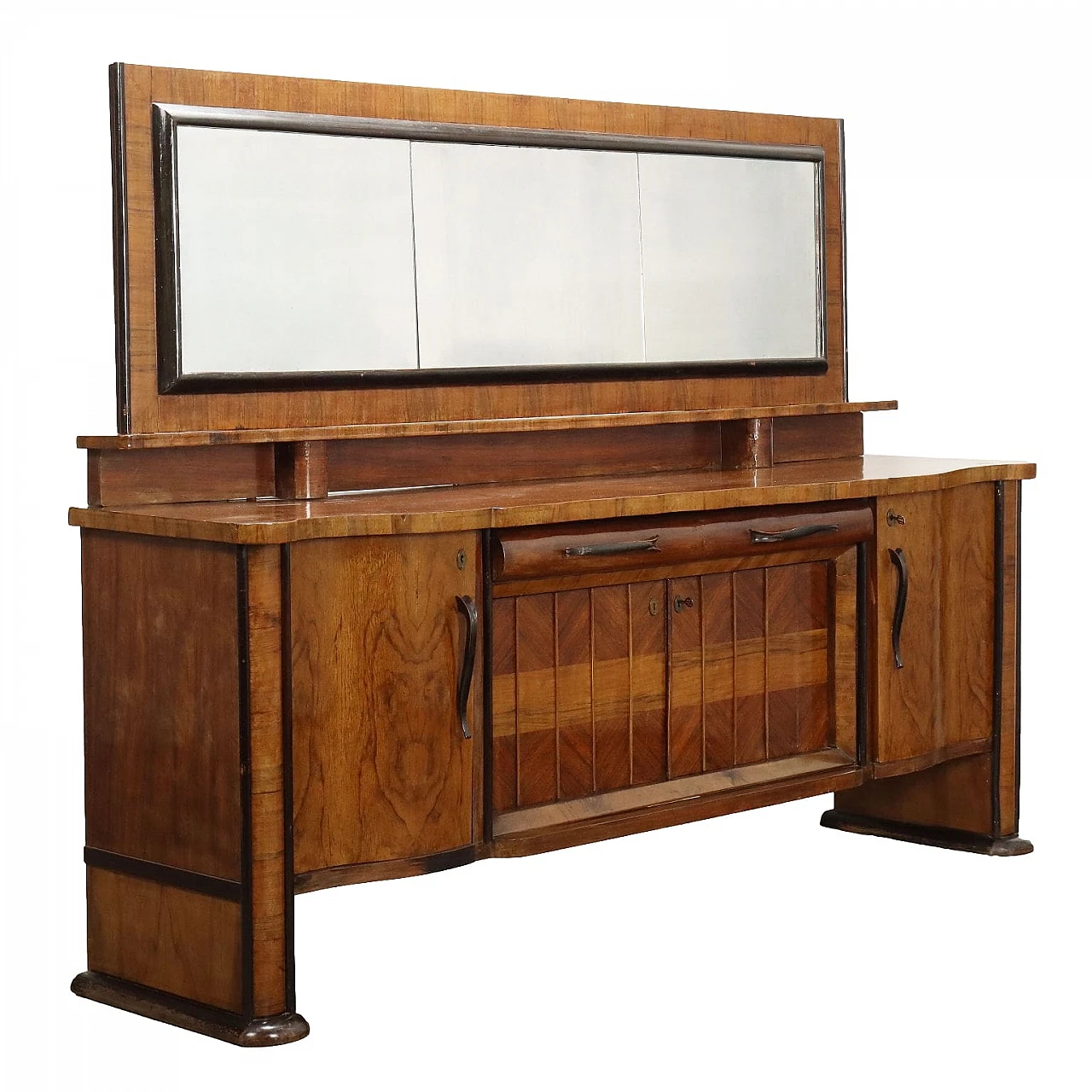 Walnut and briarwood sideboard with riser and mirror, 1920s 1