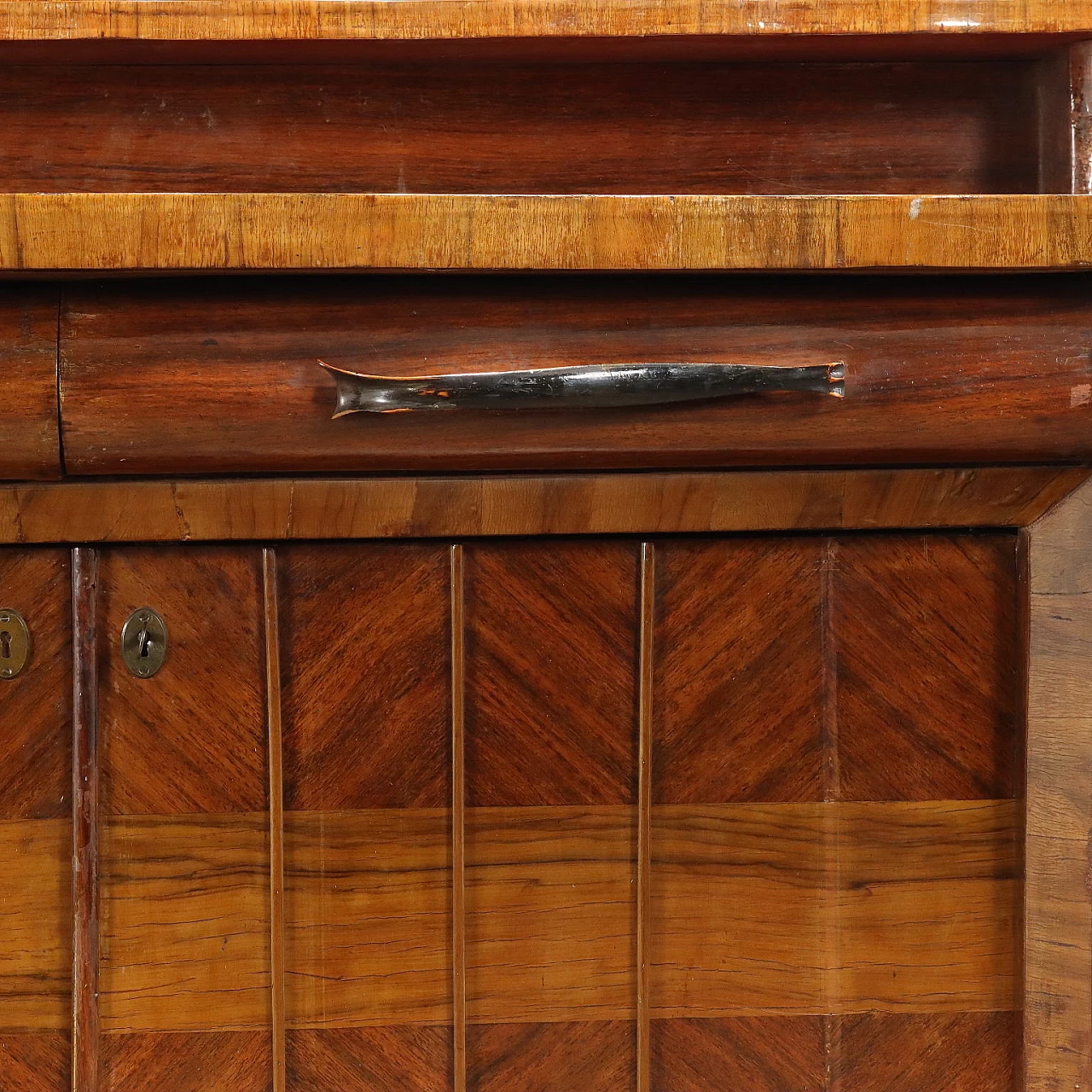 Walnut and briarwood sideboard with riser and mirror, 1920s 10