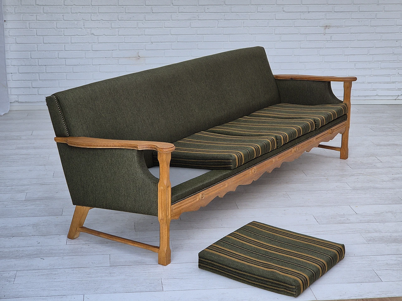 Danish four-seater green wool and oak sofa, 1970s 9