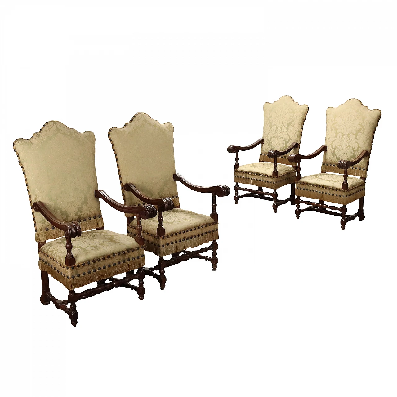 4 Carved wooden chairs, padded with brocade fabric, 19th century 1