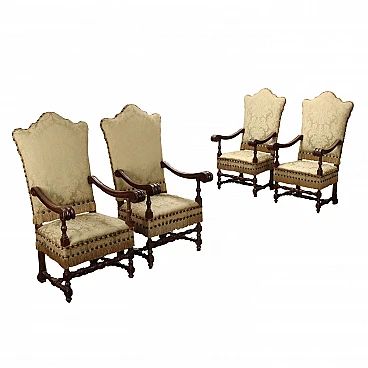 4 Carved wooden chairs, padded with brocade fabric, 19th century
