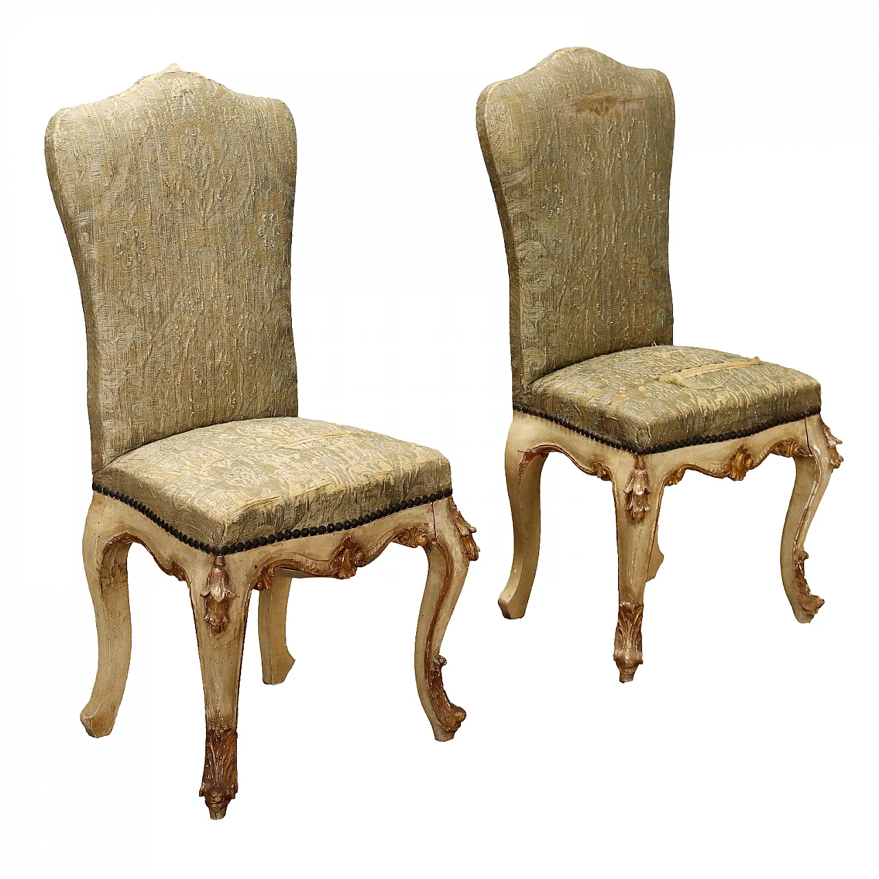 Pair of gilt chairs with leaf motifs & brocade fabric, 19th century 1