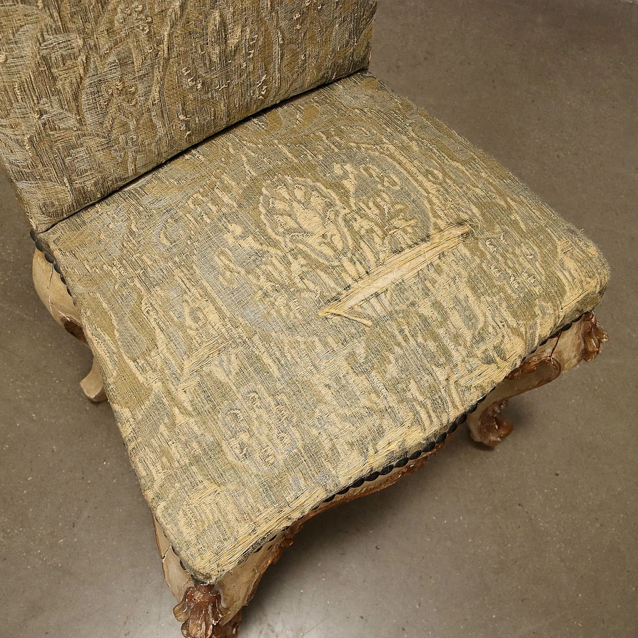 Pair of gilt chairs with leaf motifs & brocade fabric, 19th century 9