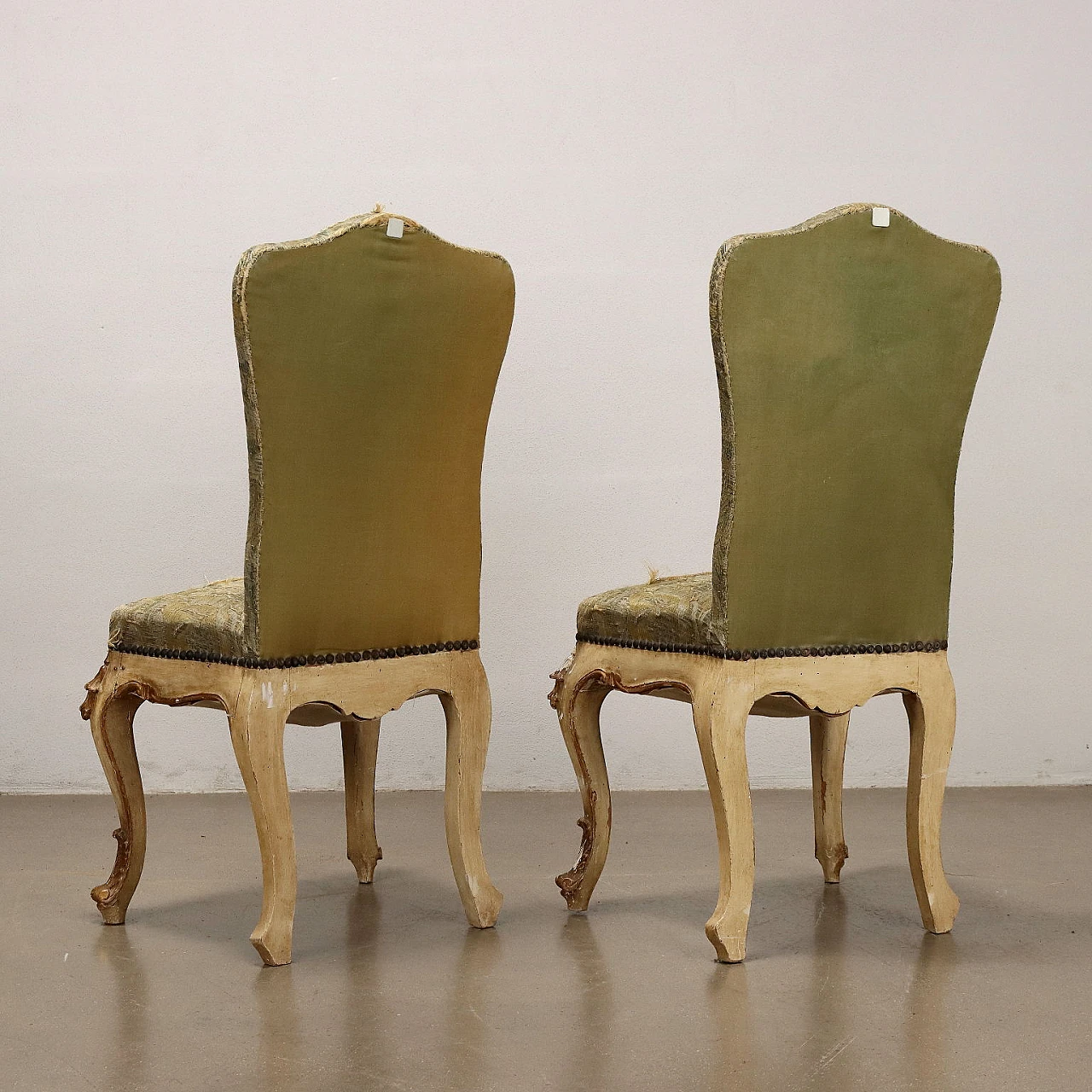 Pair of gilt chairs with leaf motifs & brocade fabric, 19th century 10