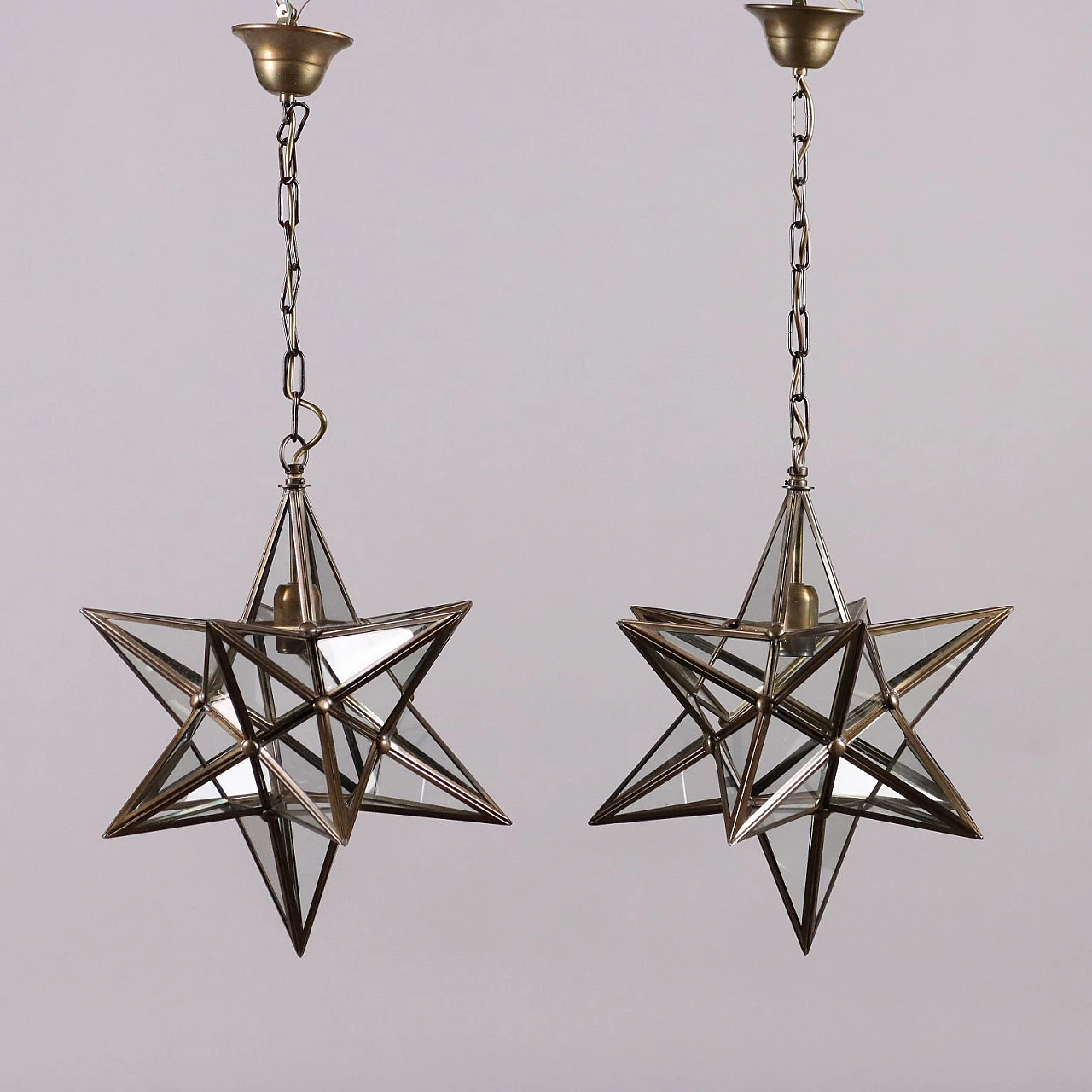 Pair of star-shaped brass and glass ceiling lamps, 1960s 1