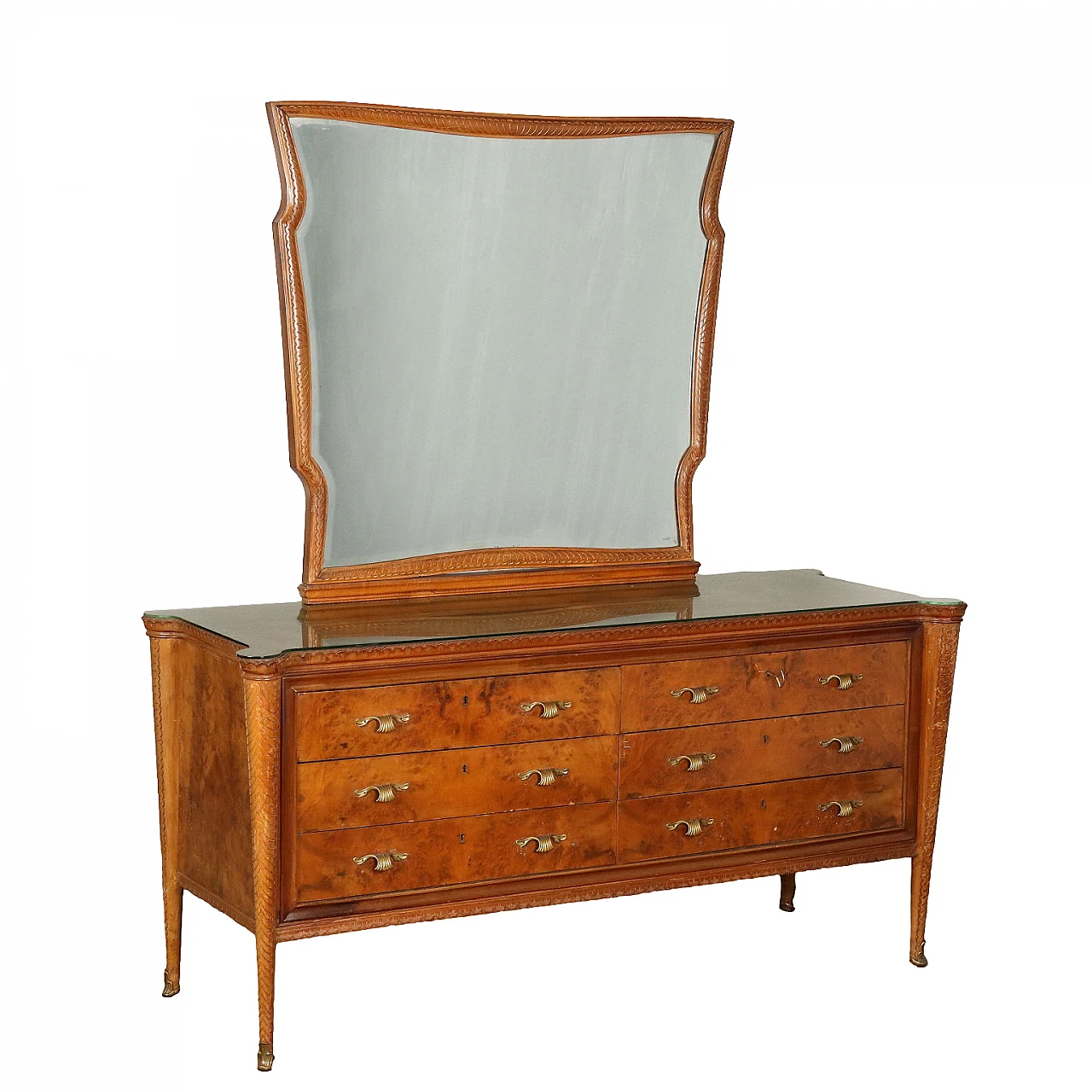 Dresser with mirror in briar wood veneer, glass top & drawers, 1950s 1