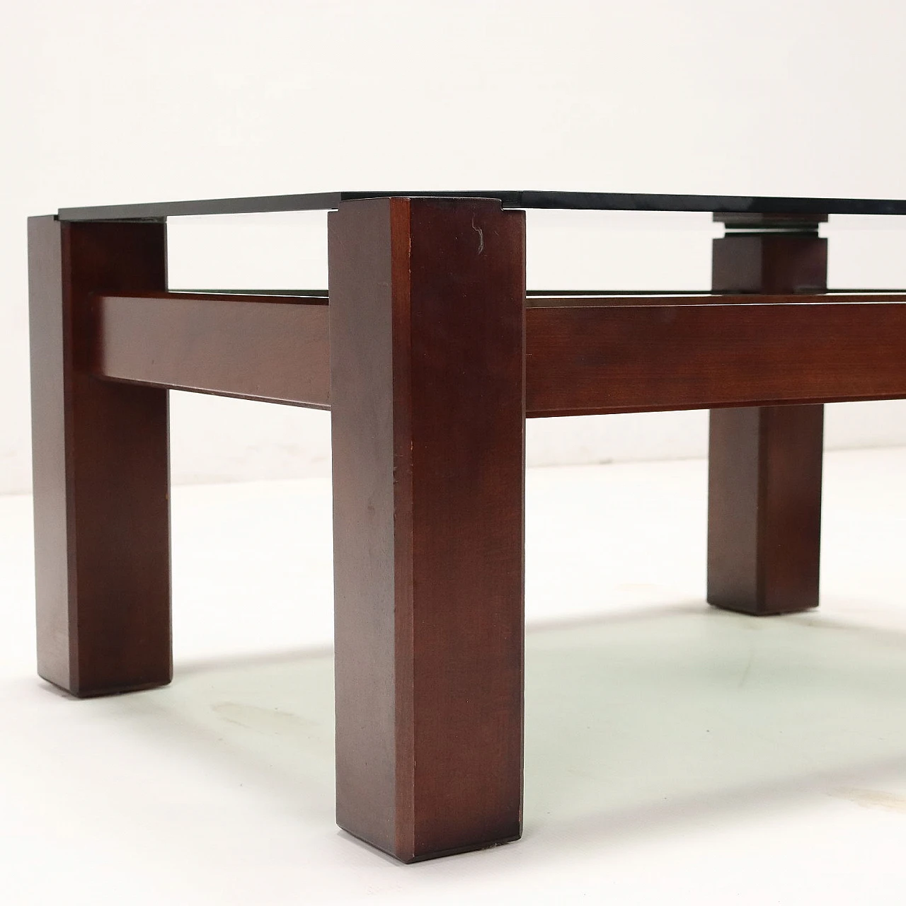 Stained beech coffee table with smoked glass top, 1970s 5