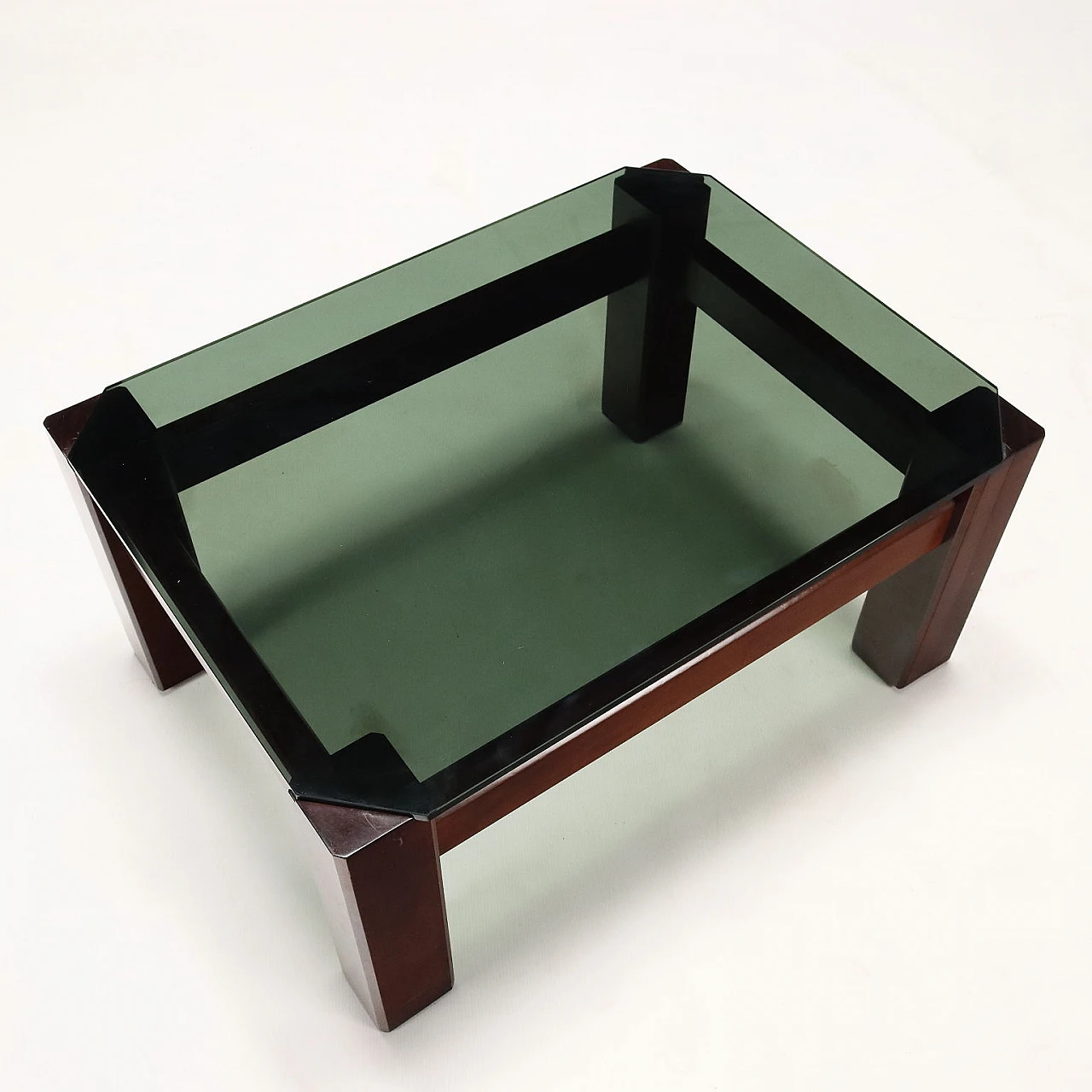 Stained beech coffee table with smoked glass top, 1970s 6