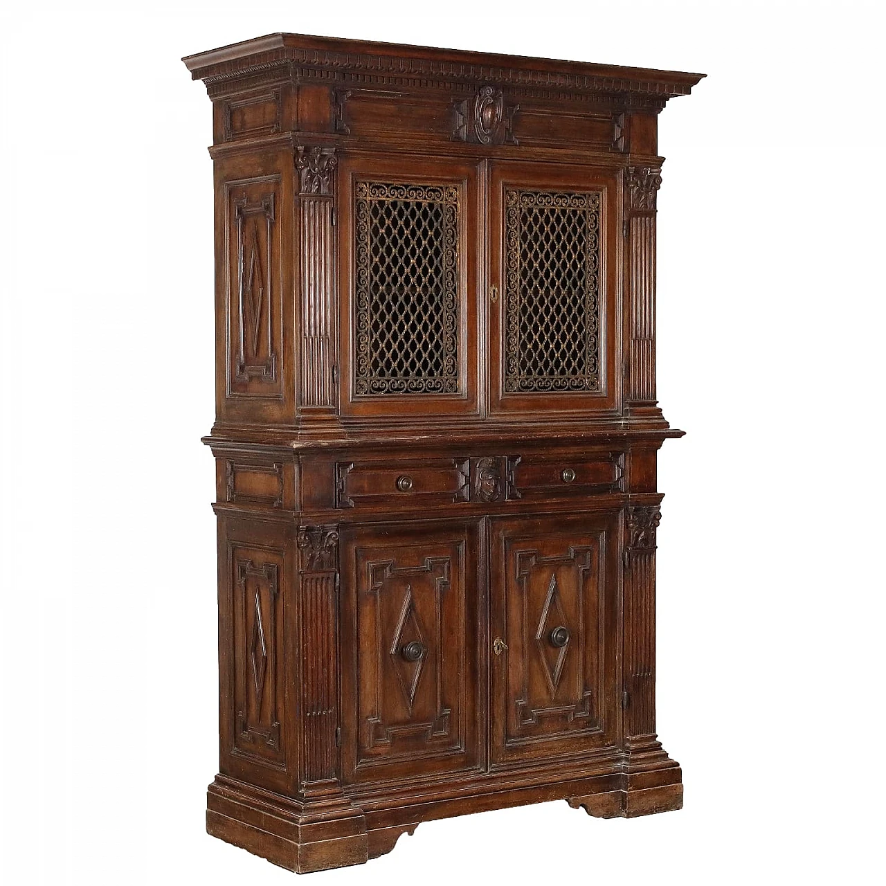 Double-body sideboard made of carved spruce and iron grating 1