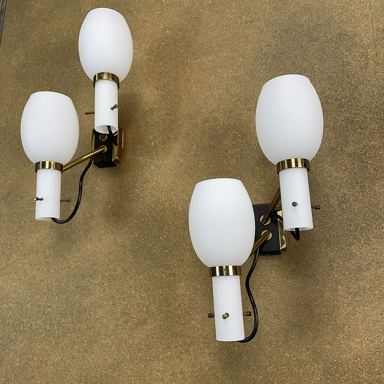 Pair of two-light opaline glass and metal wall lamps, 1950s 1
