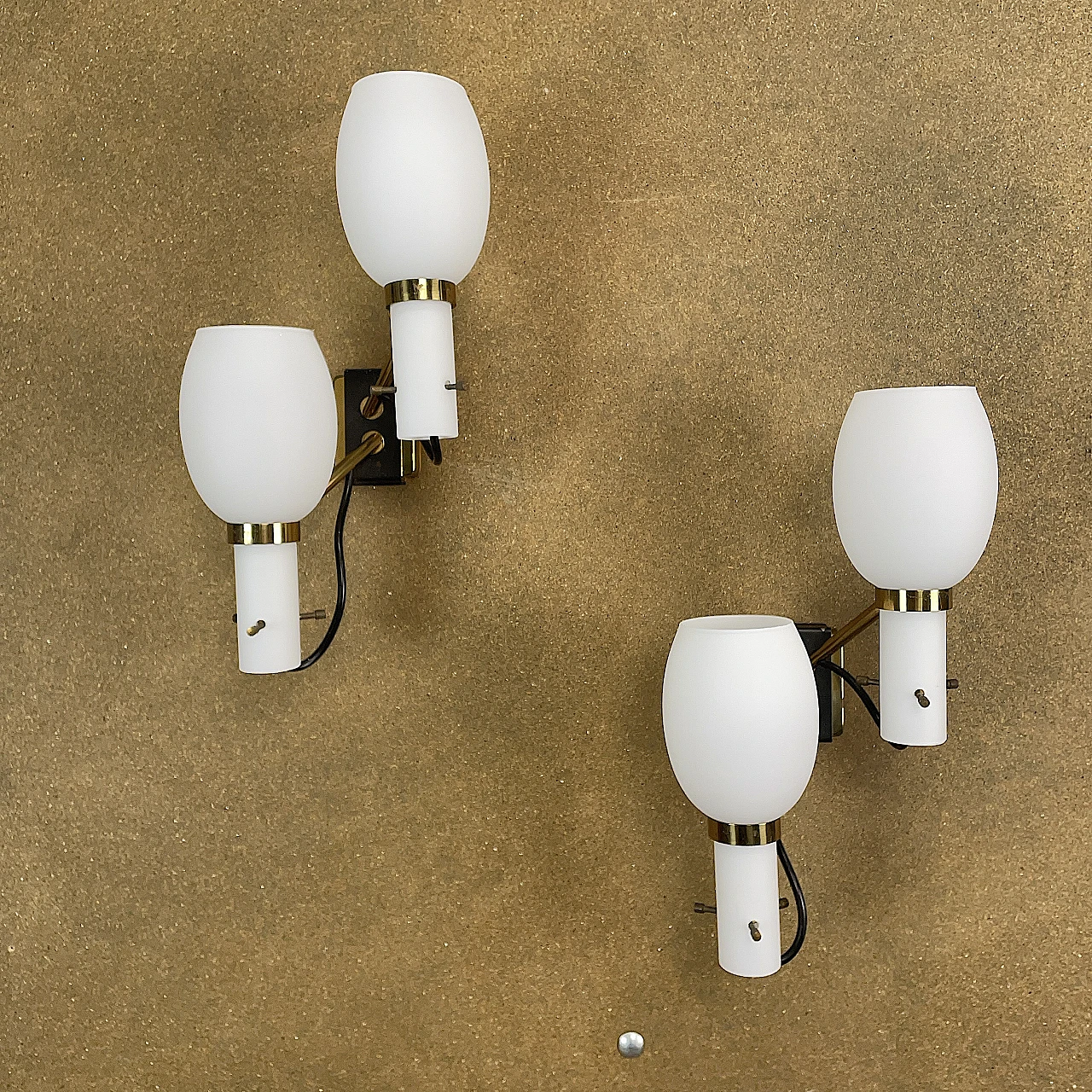 Pair of two-light opaline glass and metal wall lamps, 1950s 2