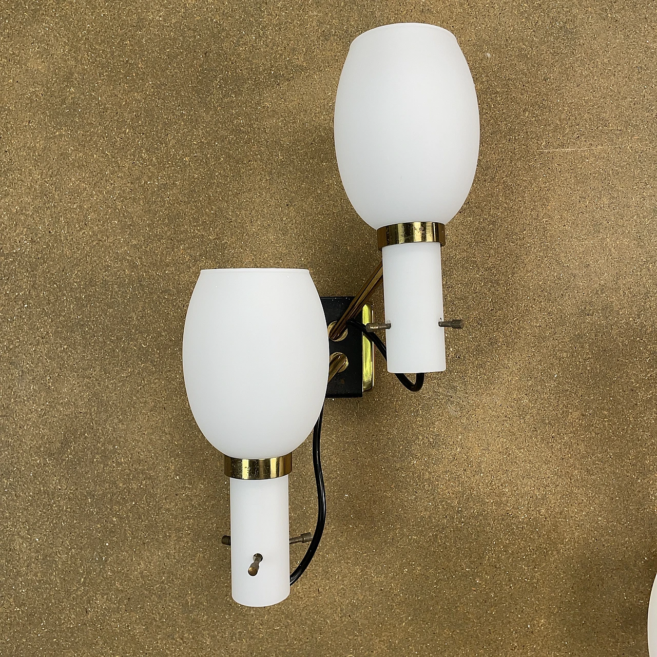Pair of two-light opaline glass and metal wall lamps, 1950s 3