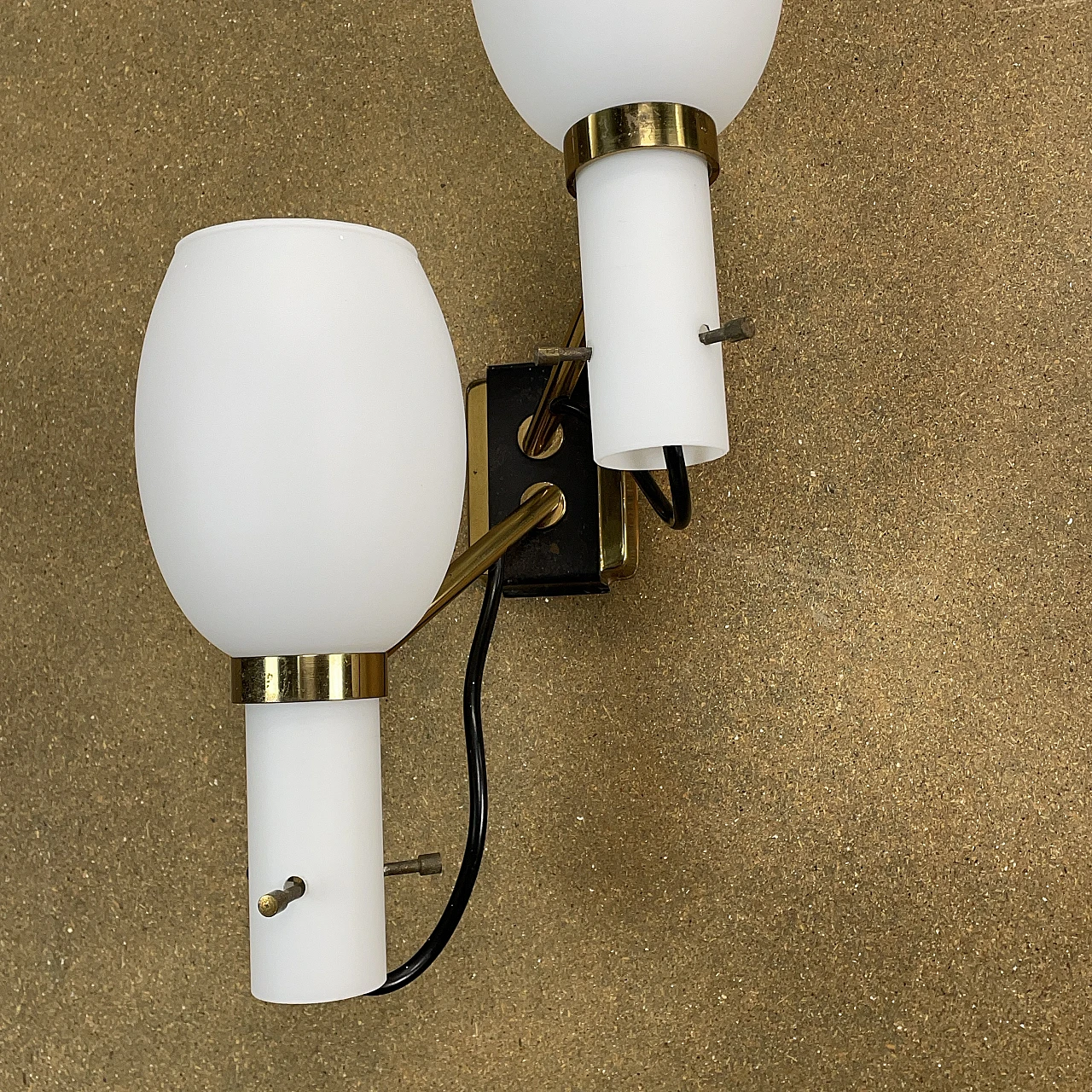 Pair of two-light opaline glass and metal wall lamps, 1950s 4