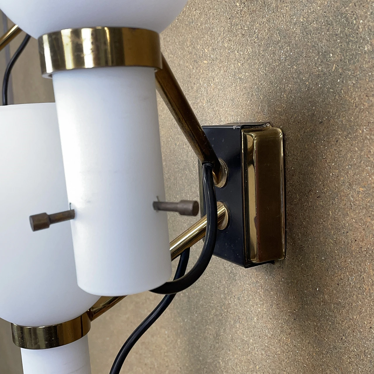 Pair of two-light opaline glass and metal wall lamps, 1950s 5