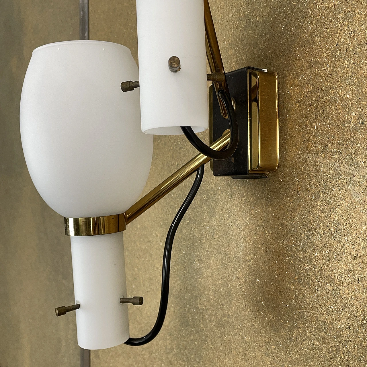 Pair of two-light opaline glass and metal wall lamps, 1950s 6