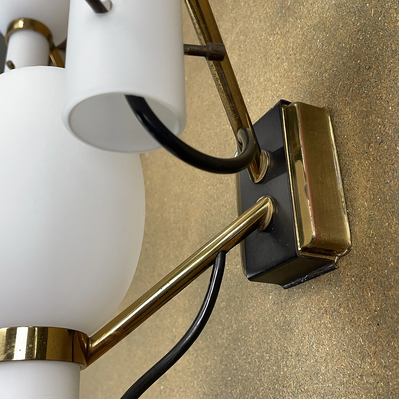 Pair of two-light opaline glass and metal wall lamps, 1950s 7