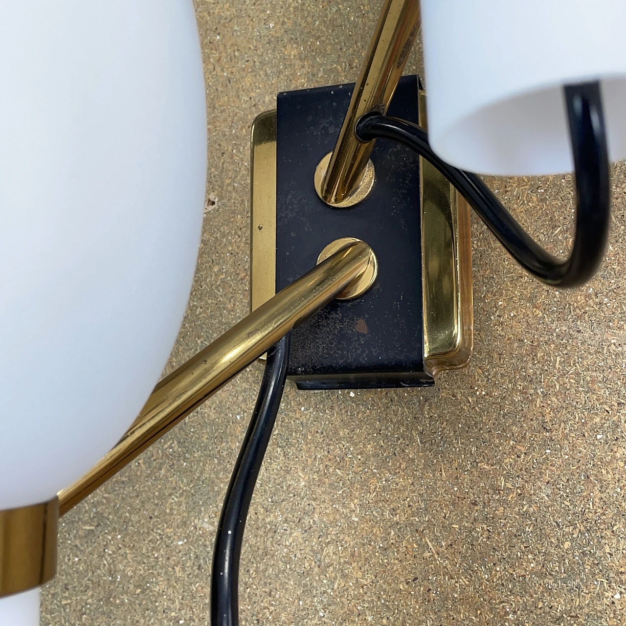Pair of two-light opaline glass and metal wall lamps, 1950s 8