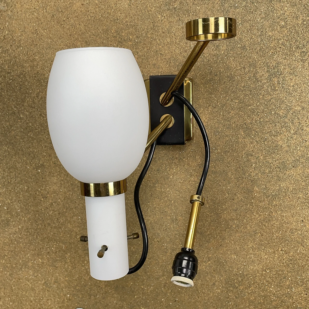 Pair of two-light opaline glass and metal wall lamps, 1950s 9