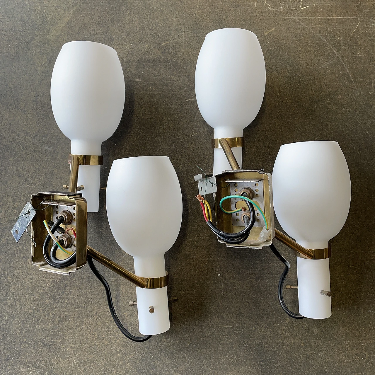 Pair of two-light opaline glass and metal wall lamps, 1950s 11