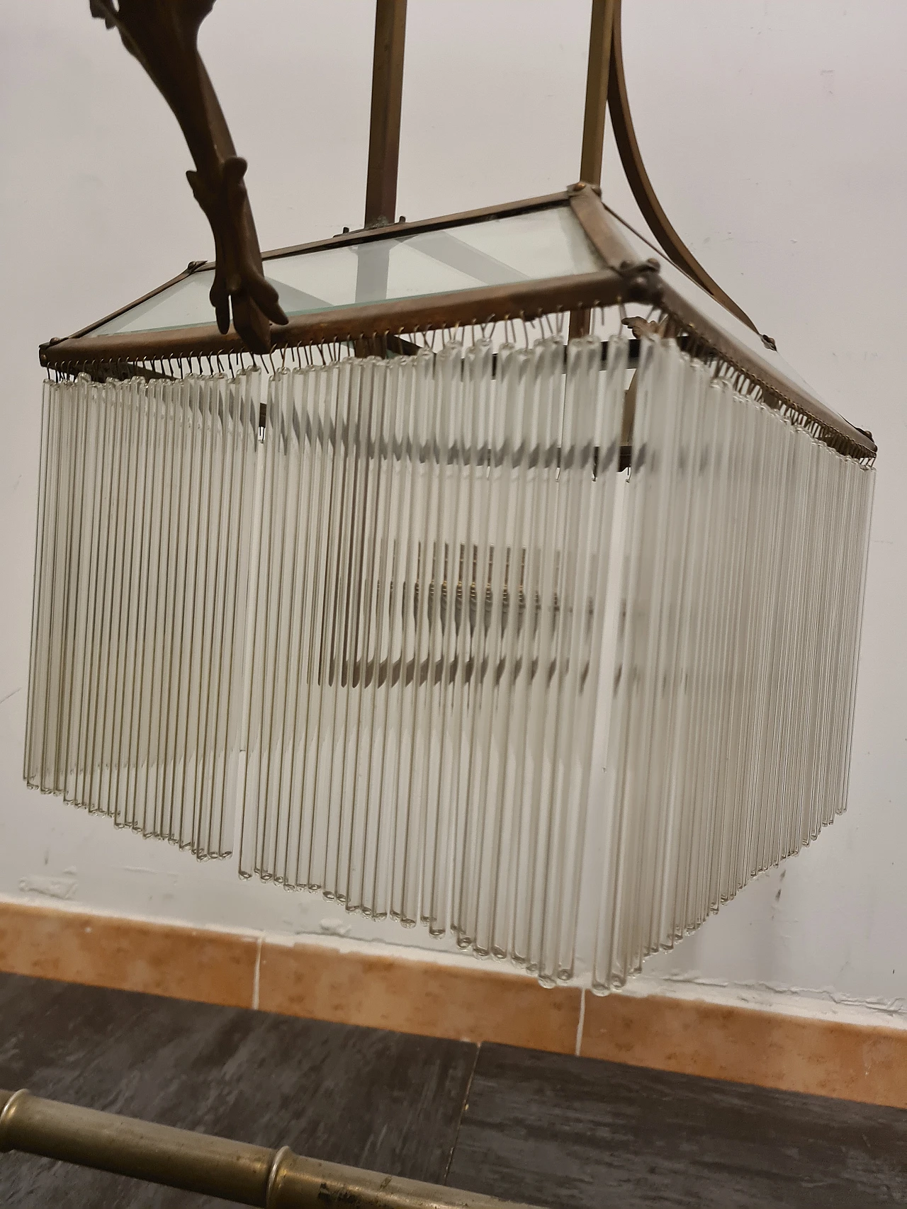Lampadario Liberty in bronzo e vetro, anni '30 8