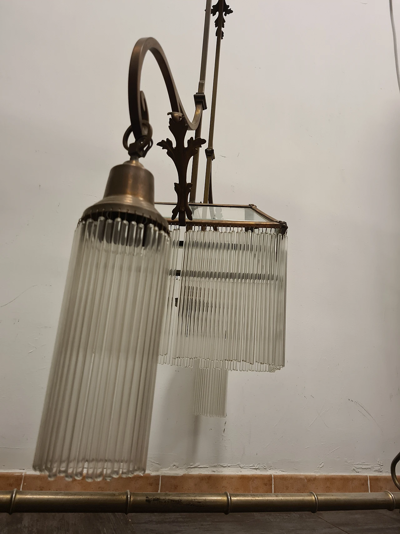 Lampadario Liberty in bronzo e vetro, anni '30 9