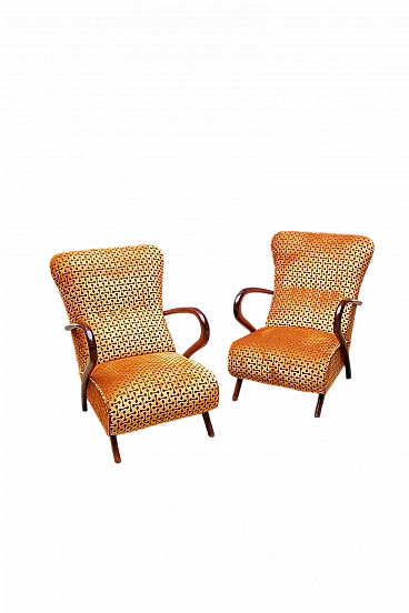 Pair of Art Deco armchairs in bent beech and velvet, 1940s