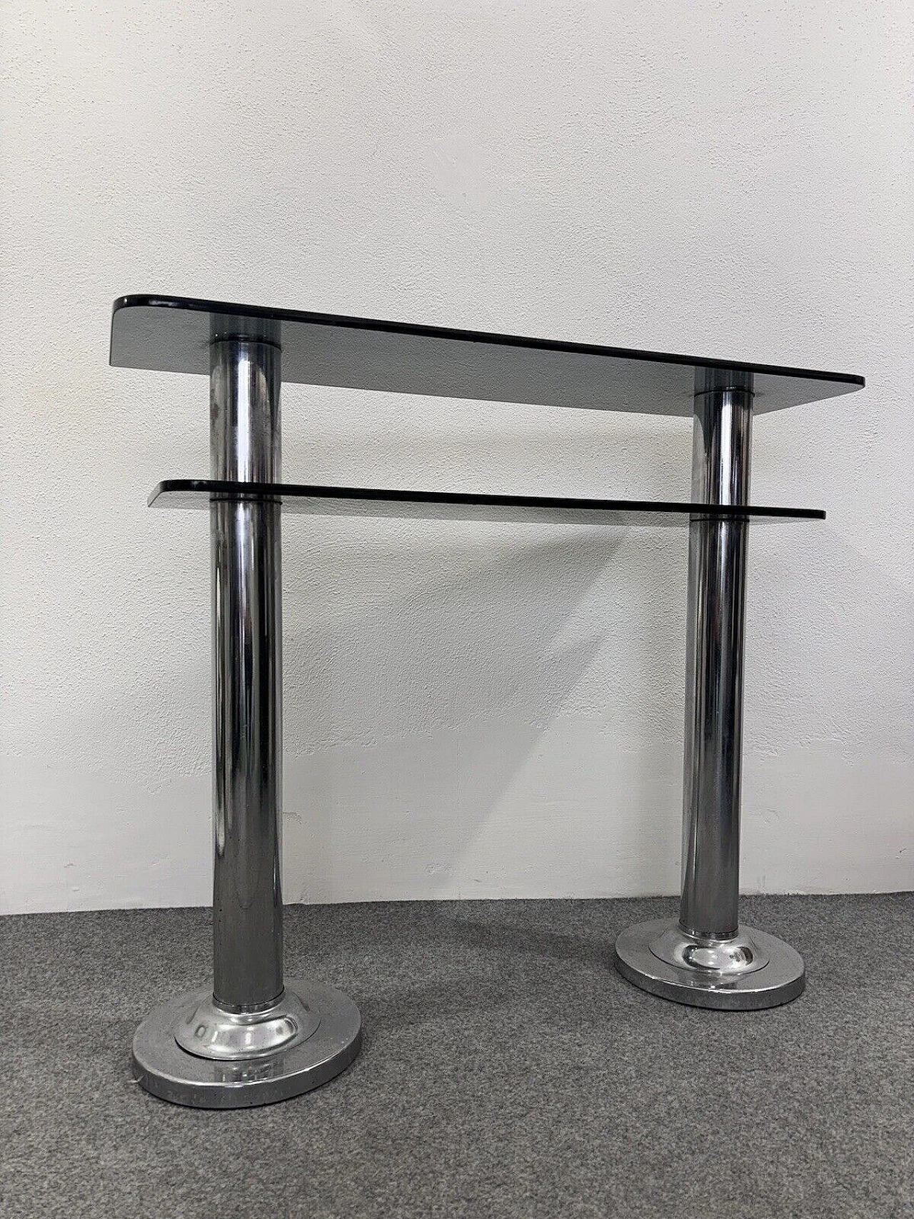 Chromed metal and smoked glass console, 1980s 1