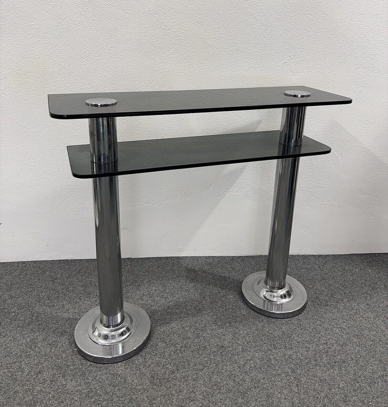 Consolle in metallo cromato e vetro fumé, anni '80 2