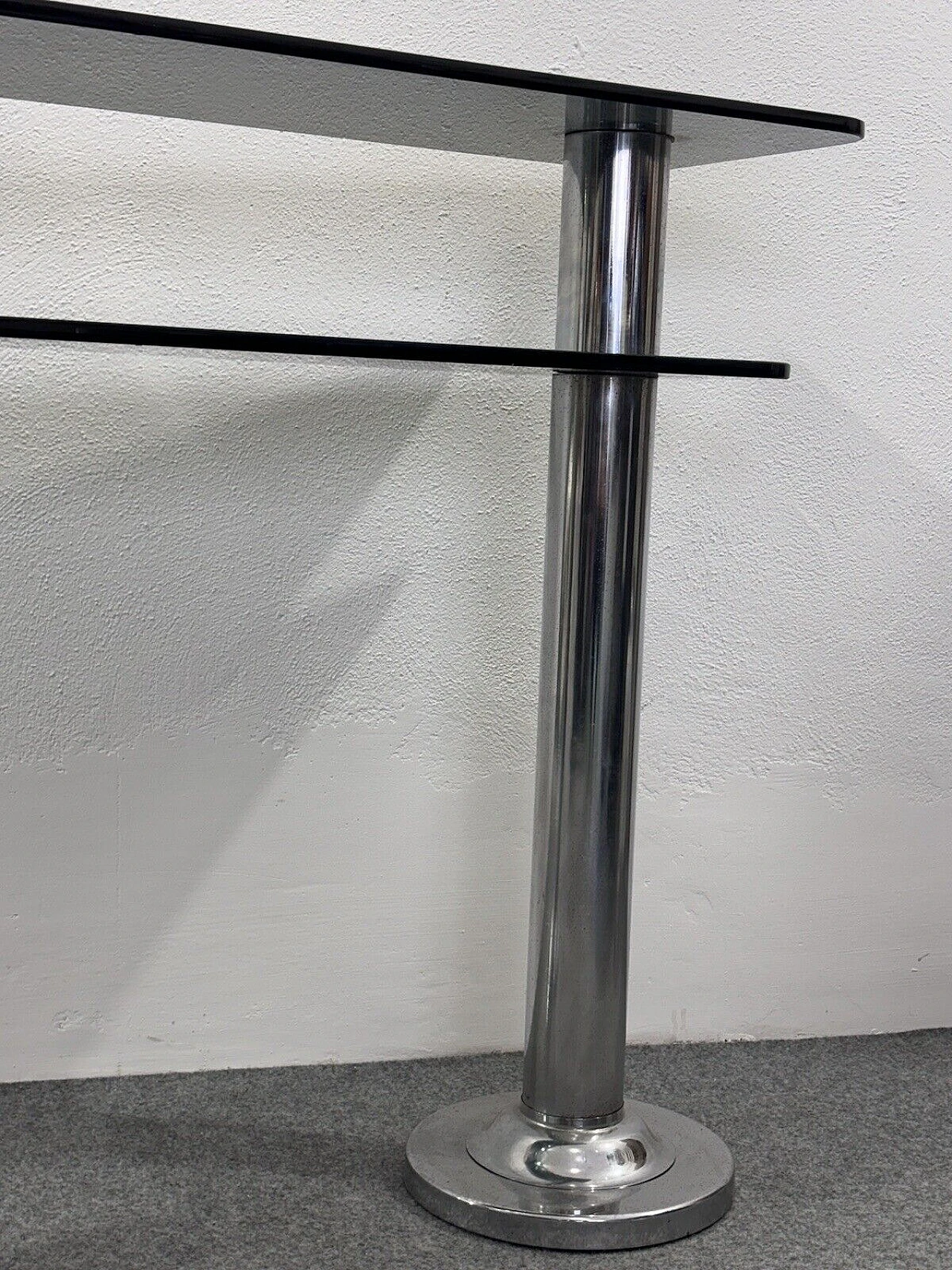 Consolle in metallo cromato e vetro fumé, anni '80 7