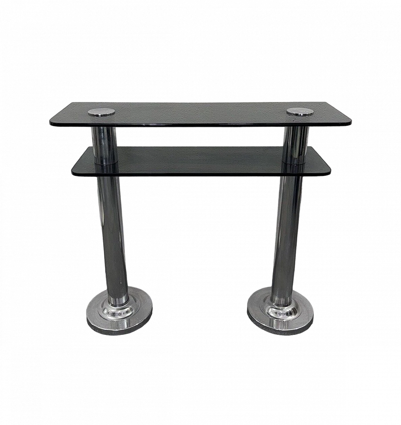 Consolle in metallo cromato e vetro fumé, anni '80 9