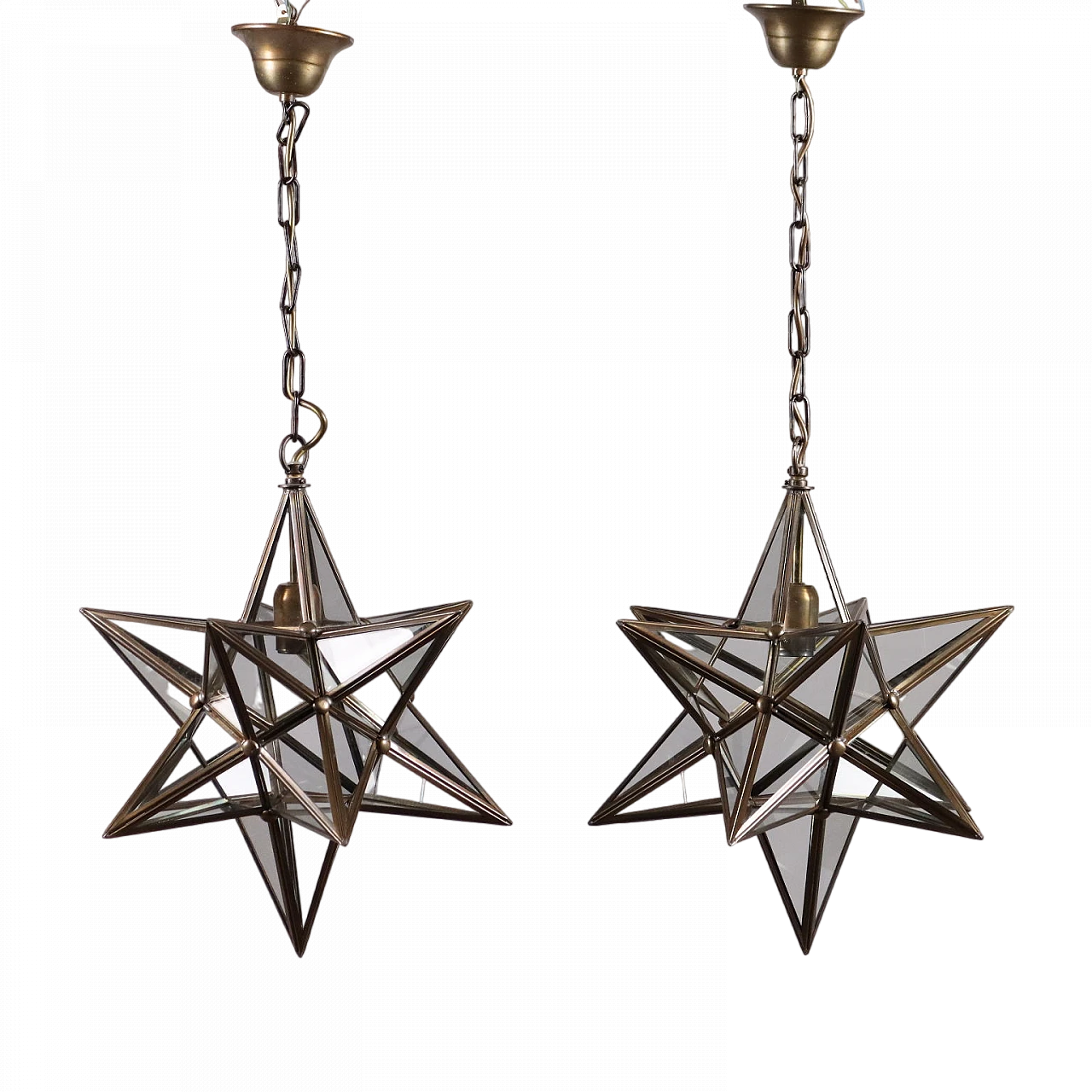 Pair of star-shaped brass and glass ceiling lamps, 1960s 9