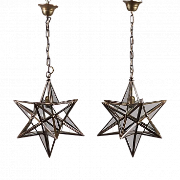 Pair of star-shaped brass and glass ceiling lamps, 1960s