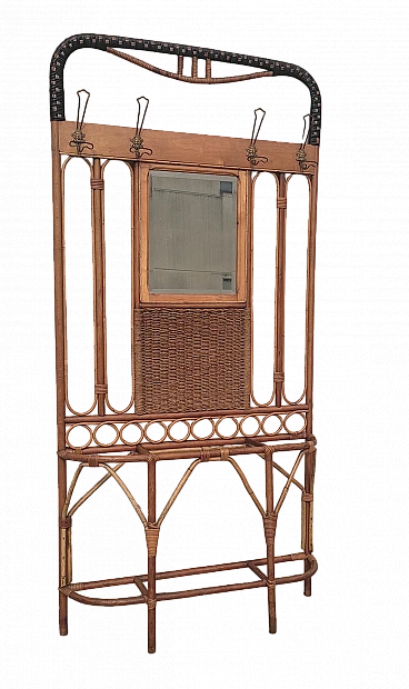Wicker coat rack with mirror attributed to Bonacina, 1950s