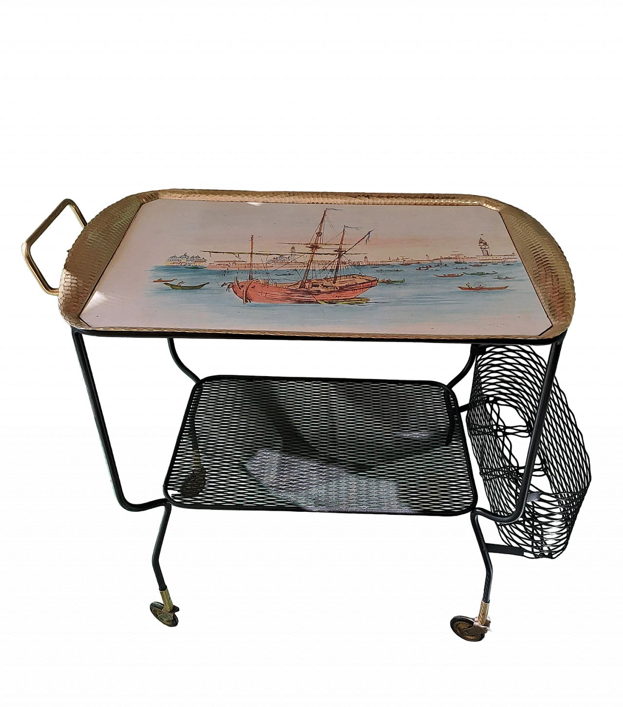 Black metal, gilded aluminum and bakelite bar cart, 1950s 7