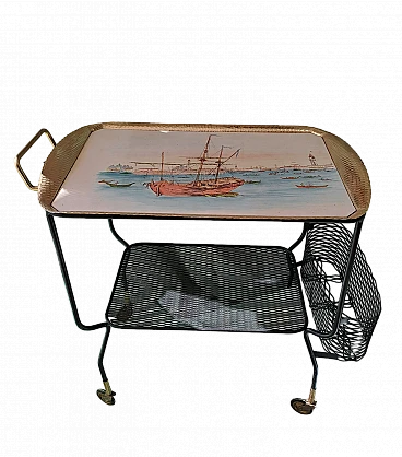 Carrello bar in metallo nero, alluminio dorato e bachelite, anni '50