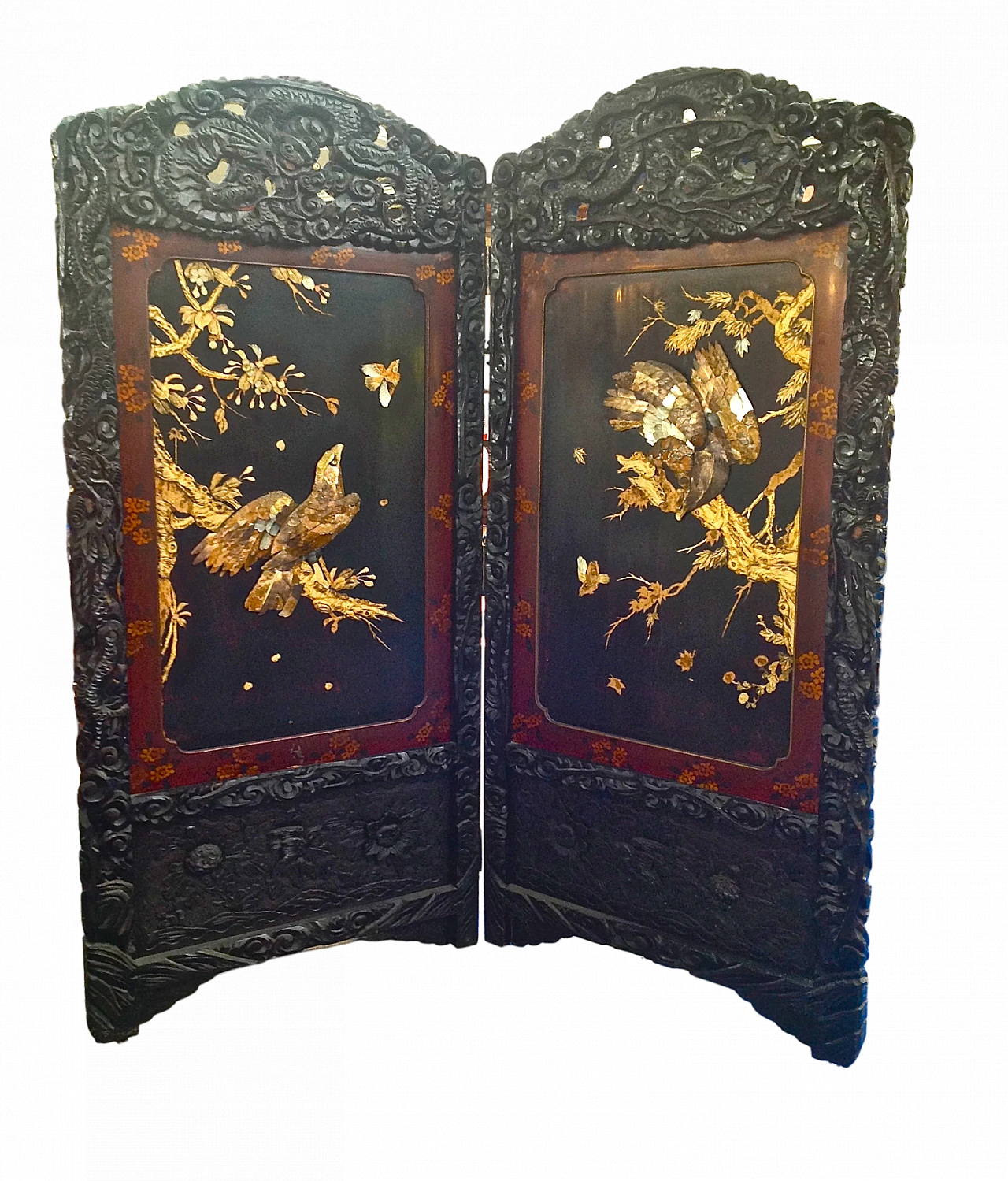 Chinese lacquer, carved wood and mother-of-pearl screen, 19th century 17